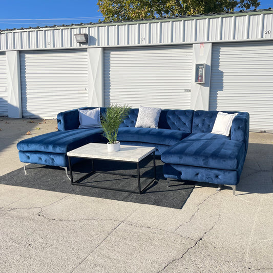 Beautiful Blue Suede Tufted Sectional - MSRP $4,057